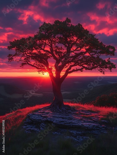 Sunrise over a hilltop tree