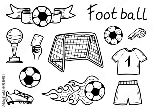 Football set. Hand drawn doodle illustration. Ball game equipment. Soccer championship, match. Gate, uniform, stopwatch, referee whistle, warning card, win. Vector line art collection of elements.