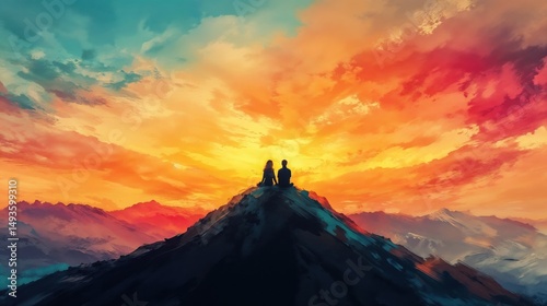 Couple sitting on mountain peak at sunset