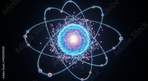 3D Atom Model with Glowing Nucleus and Electrons – Scientific Visualization of Atomic Structure