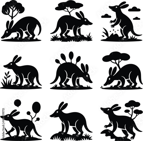 Aardvark Silhouette Set – Wild Animal Vector Icons Collection Aardvark Icons Pack – Unique Wildlife Silhouette Bundle