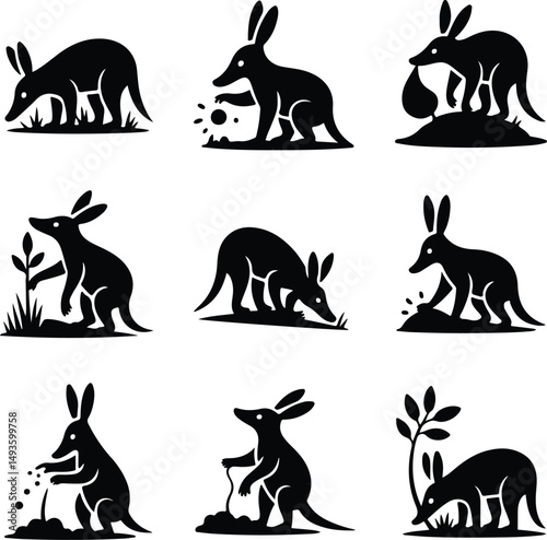Aardvark Silhouette Set – Wild Animal Vector Icons Collection Aardvark Icons Pack – Unique Wildlife Silhouette Bundle