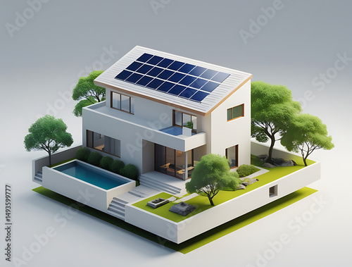 Minimalist Japandi House with Solar Panels and Green Lawn in 3D Isometric Style