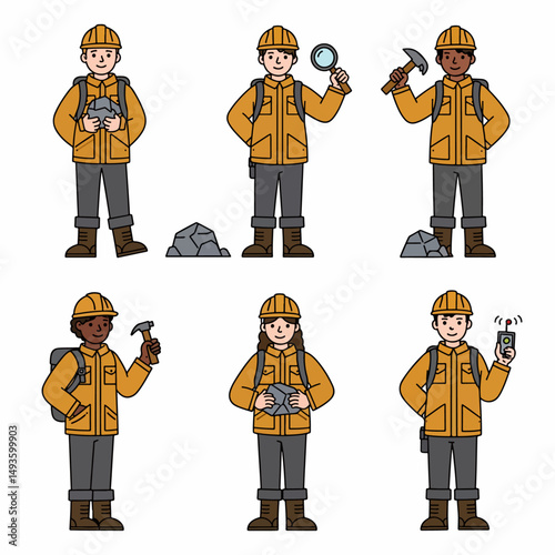 Geologists group with tools and rocks