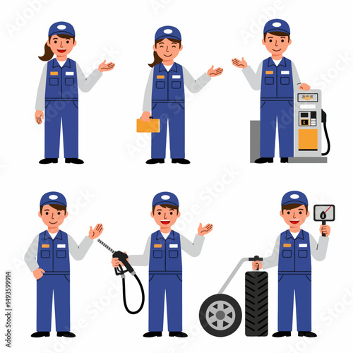Gas station worker services in different poses