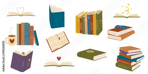 Stacks of books for reading, pile of textbooks for education. Set of history, mathematics, geography with bookmarks. Colored flat vector illustration isolated on white background