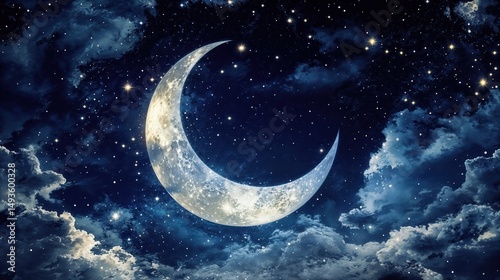 Crescent moon shining among clouds in night sky