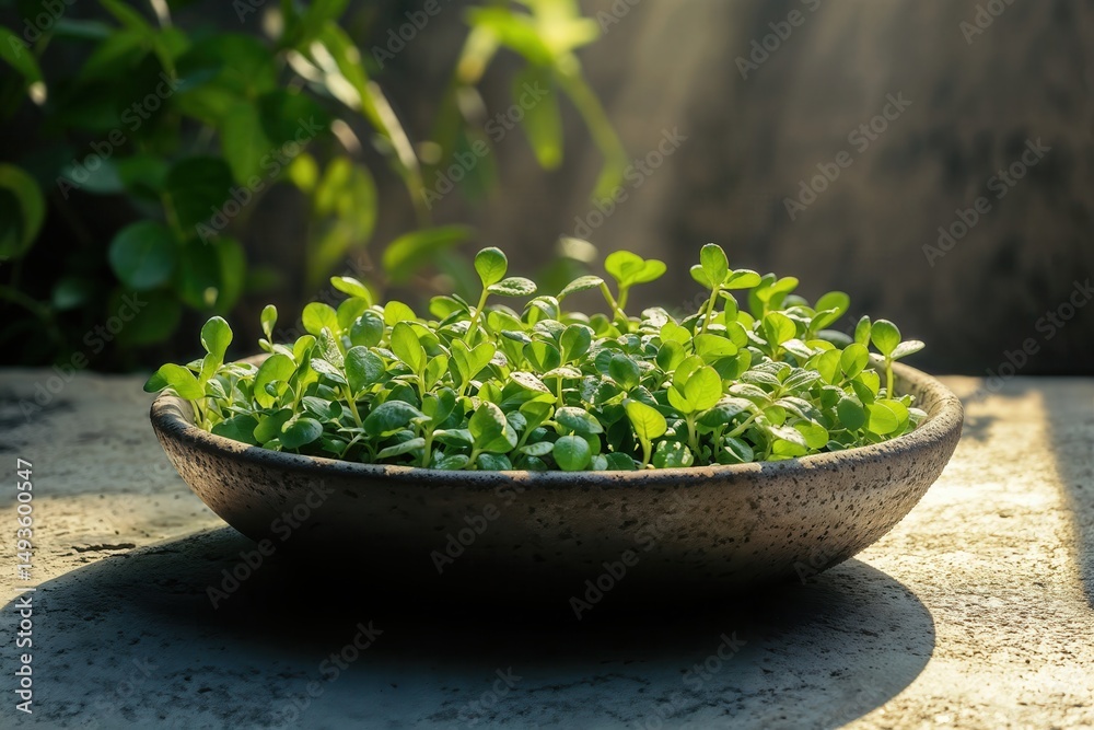 Fresh microgreens in rustic bowl with morning sunlight Fresh microgreens in rustic bowl with morning sunlight
