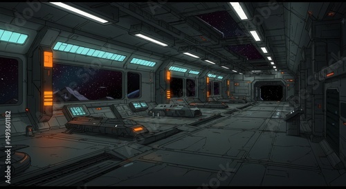 Futuristic 3D sci-fi interior of a spaceship corridor featuring metallic walls, glowing orange lights, and a large viewport showing stars in space. The environment has a clean, high-tech design with d