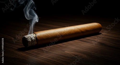 A Cigar Rests on a Dark Surface, Emitting a Gentle Plume of Smoke for a Relaxing Moment

 photo