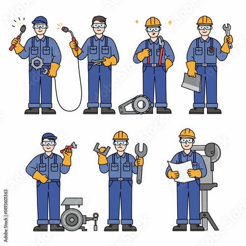 Mechanic characters with tools and work equipment