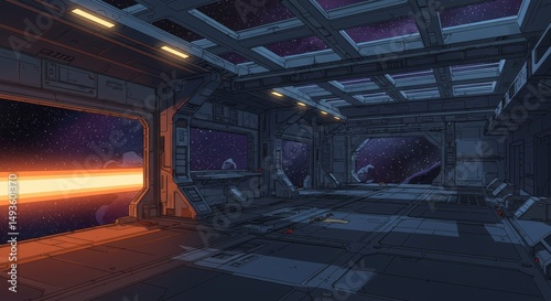 Futuristic 3D sci-fi interior of a spaceship corridor featuring metallic walls, glowing orange lights, and a large viewport showing stars in space. The environment has a clean, high-tech design with d
