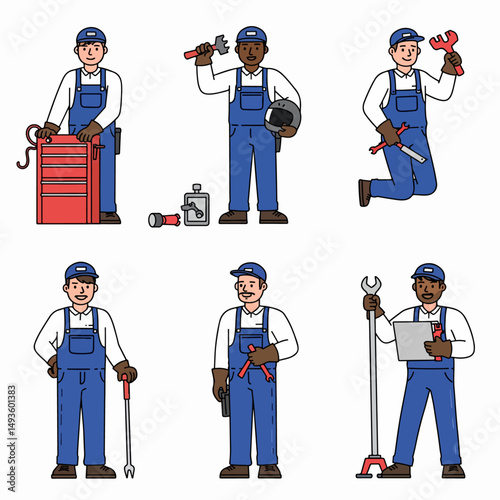 Mechanics working with tools in blue overalls