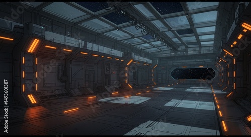 Futuristic 3D sci-fi interior of a spaceship corridor featuring metallic walls, glowing orange lights, and a large viewport showing stars in space. The environment has a clean, high-tech design with d