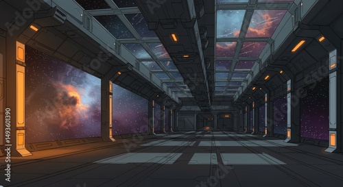 Futuristic 3D sci-fi interior of a spaceship corridor featuring metallic walls, glowing orange lights, and a large viewport showing stars in space. The environment has a clean, high-tech design with d