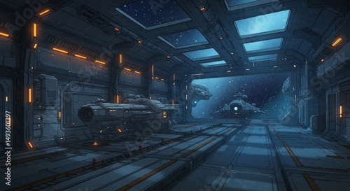 Futuristic 3D sci-fi interior of a spaceship corridor featuring metallic walls, glowing orange lights, and a large viewport showing stars in space. The environment has a clean, high-tech design with d