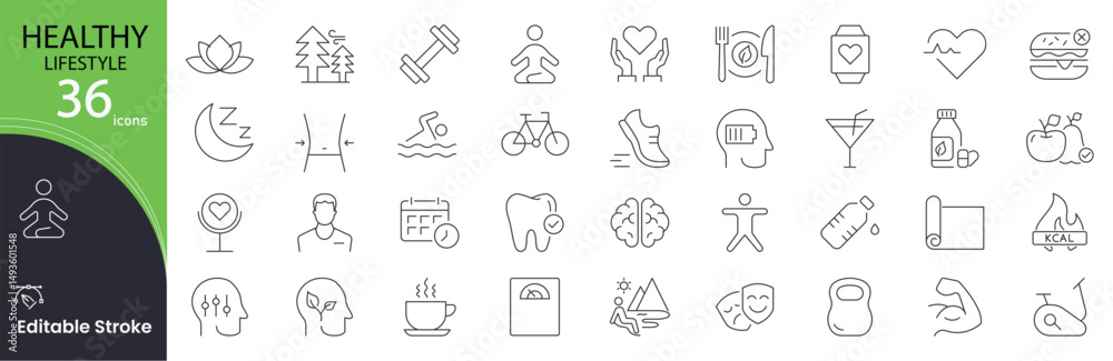 Healthy Lifestyle icon set. Wellness and fitness related line icons. balanced diet, exercise,  sleep, hydration, mental health, nutrition, weight control, healthy and habits. Editable stroke.