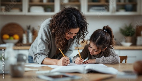 Mother and daughter engage in creative drawing activity at home while working on art projects together