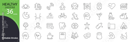 Healthy Lifestyle icon set. Wellness and fitness related line icons. balanced diet, exercise,  sleep, hydration, mental health, nutrition, weight control, healthy and habits. Editable stroke.