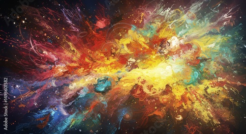 Colorful Abstract Cosmic Explosion Painting – Vibrant Oil Texture Depicting Space, Stars, and Energy Burst in Modern Expressionist Style