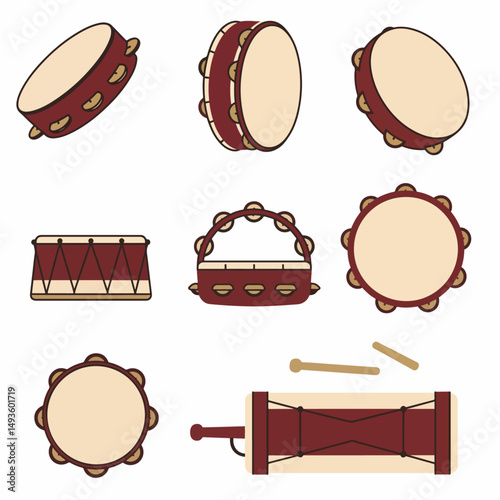 Musical percussion instruments drum and tambourine