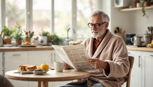 Senior man enjoys morning routine reading newspaper while seated in cozy kitchen