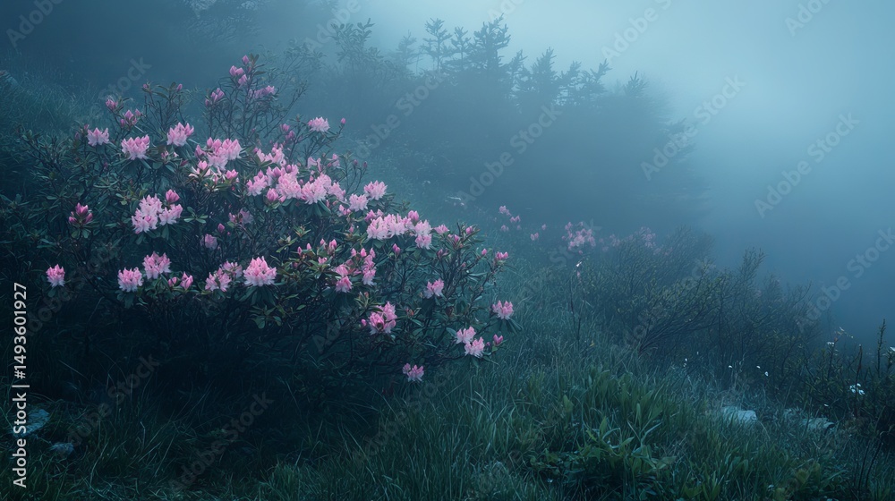 Obraz premium In the early summer morning, pink rhododendron flowers bloom on a mountain in the Ukrainian Carpathians. 