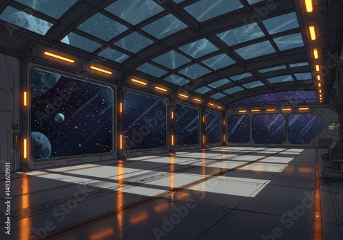 Futuristic 3D sci-fi interior of a spaceship corridor featuring metallic walls, glowing orange lights, and a large viewport showing stars in space. The environment has a clean, high-tech design