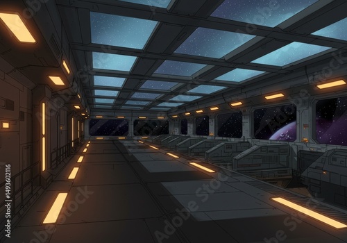 Futuristic 3D sci-fi interior of a spaceship corridor featuring metallic walls, glowing orange lights, and a large viewport showing stars in space. The environment has a clean, high-tech design