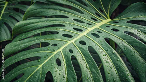 Dewy Monstera Leaf Close-up...