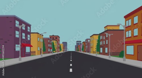 Cartoon City Street Background – Empty Urban Road with Buildings and Lampposts in Flat Animated Style for 2D Animation, Games, and Videos