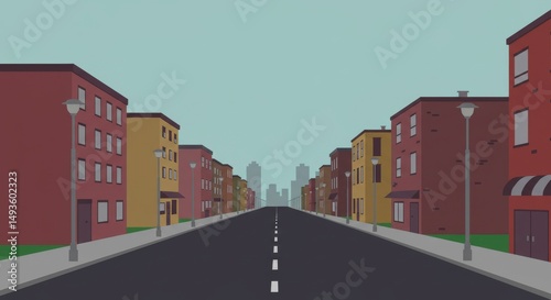 Cartoon City Street Background – Empty Urban Road with Buildings and Lampposts in Flat Animated Style for 2D Animation, Games, and Videos