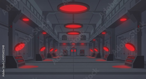 Stylized 3D industrial interior featuring a large, dimly lit factory floor with heavy machinery and red overhead lights. The environment has a futuristic, dystopian vibe with metallic surfaces and con