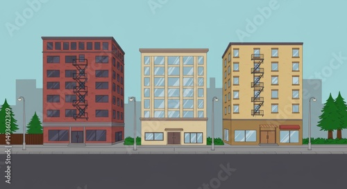 Cartoon City Street Background – Empty Urban Road with Buildings and Lampposts in Flat Animated Style for 2D Animation, Games, and Videos