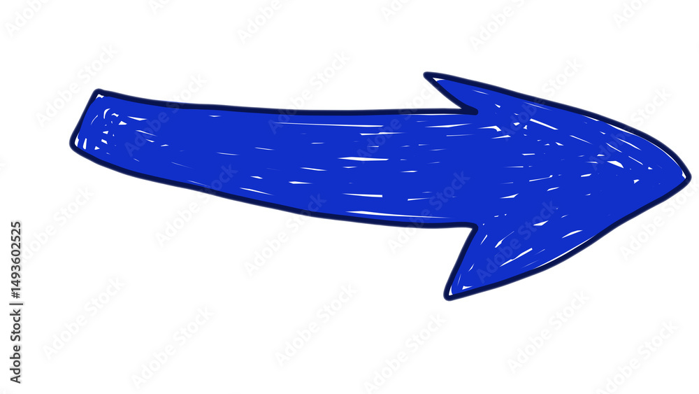 Fototapeta premium A bold, hand-drawn blue arrow pointing to the right with a sketch-style texture and white outline. The cartoon-style arrow is isolated on a transparent background