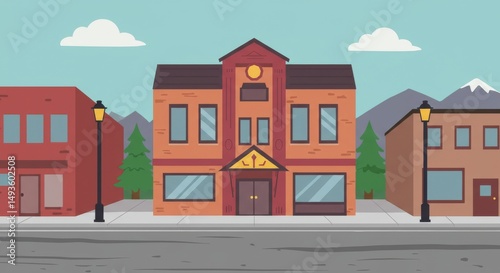 Cartoon Empty City Street at Daytime – Animated Urban Background with Sun, Mountains, and Storefronts for Sitcoms, Games, and Animation Projects