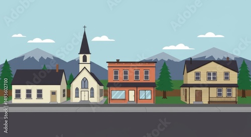 Cartoon Empty City Street at Daytime – Animated Urban Background with Sun, Mountains, and Storefronts for Sitcoms, Games, and Animation Projects
