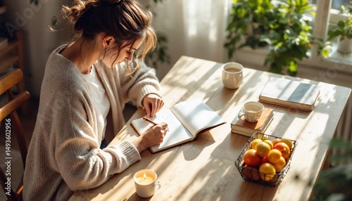 Woman writing in a journal with a warm drink and fresh fruit on a sunlit table in a cozy indoor space