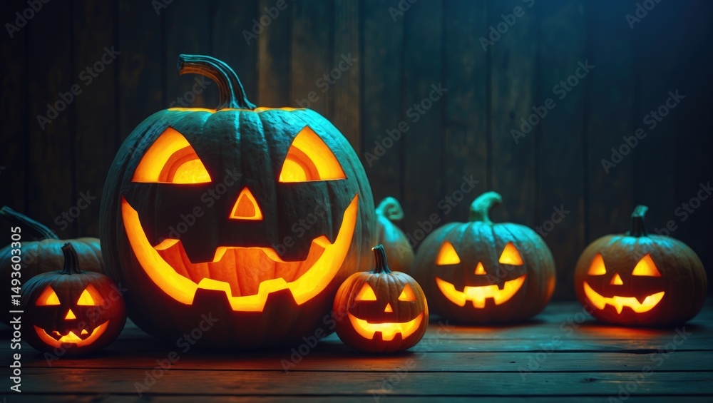 Fototapeta premium Shining Halloween jack o' lantern pumpkin heads on timber background