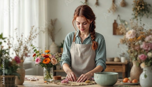 Young woman crafts dried flower arrangements in a cozy studio filled with natural light and colorful blooms