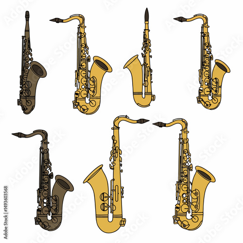 Saxophone musical instrument wind equipment group assortment