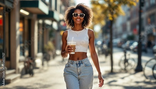 Young woman enjoys a refreshing drink while walking along a sunny city street filled with bicycles and vibrant autumn foliage
