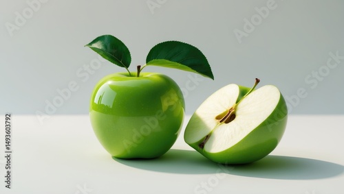 On a white background, isolated green apples alongside a half apple
