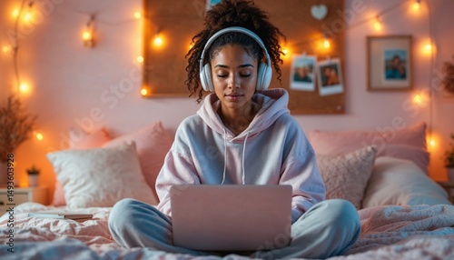 Young woman in cozy bedroom using laptop while wearing headphones and sitting cross-legged on bed with fairy lights in the background