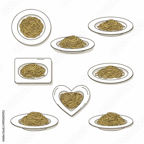 Spaghetti served on different shaped plates