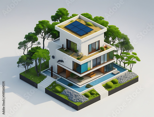 3D Isometric Modern Japandi House with Solar Panels and Lush Green Surroundings