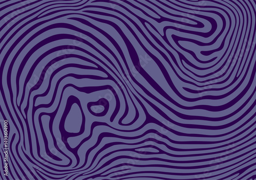 This vector illustration shows a modern abstract pattern of wavy, zebra-like lines in purple tones. The "organic liquid lines" style is very popular in current graphic and digital design trends.
