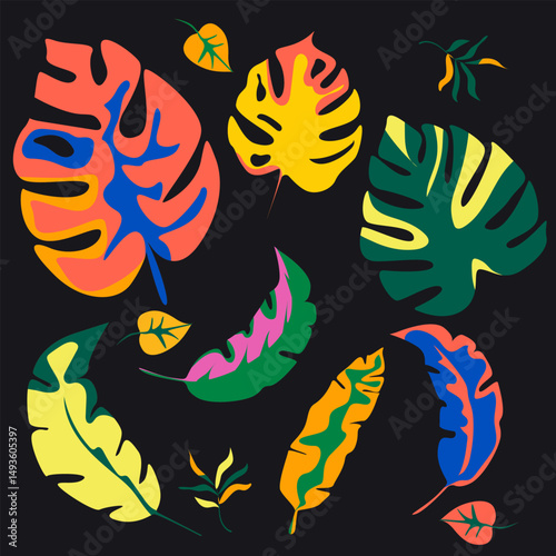 Abstract palm leaf icons. Colored palm leaves on black background. Hand drawn foliage background image