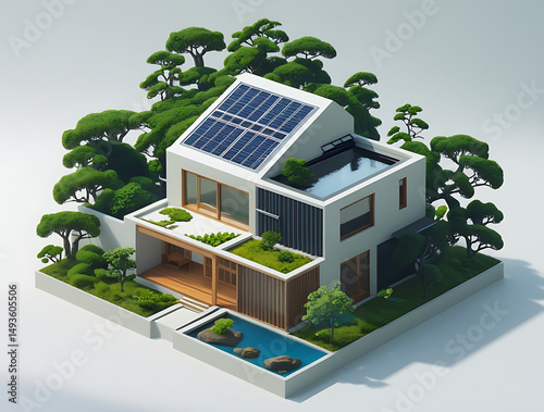 Modern Japandi 3D Isometric Home with Pool, Solar Panels, and Greenery