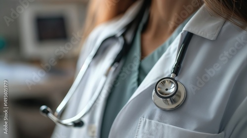Female doctor with stethoscope in medical setting